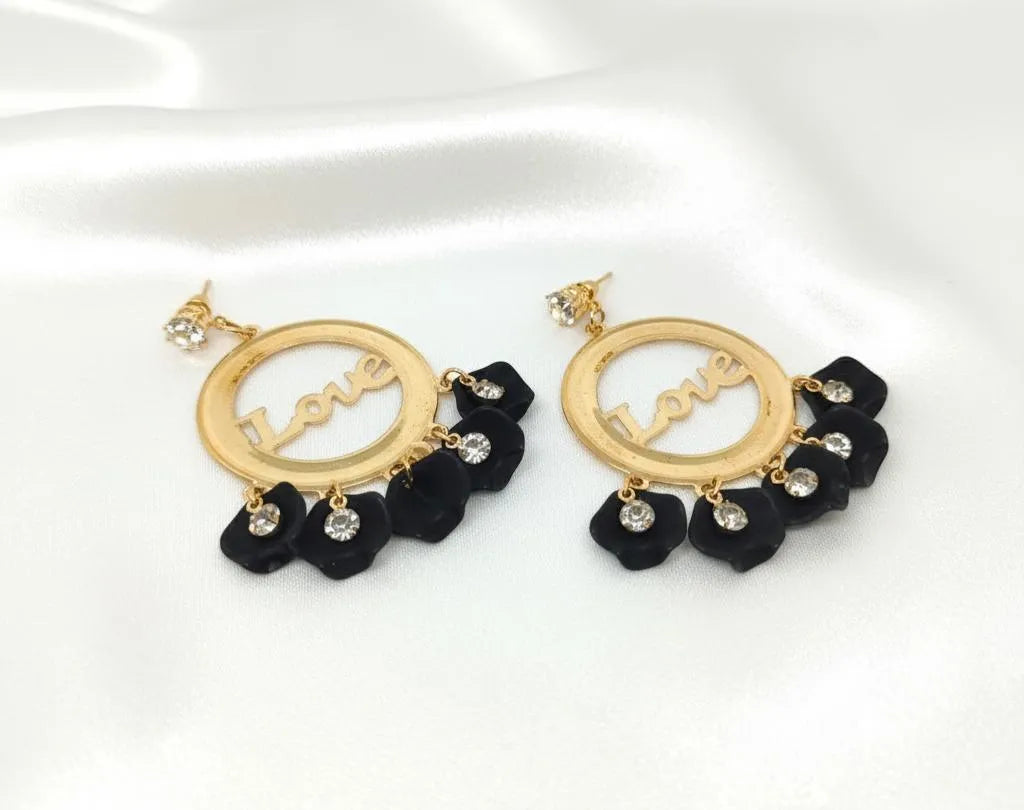 Love Gold Earrings Black Crystal Floral Design