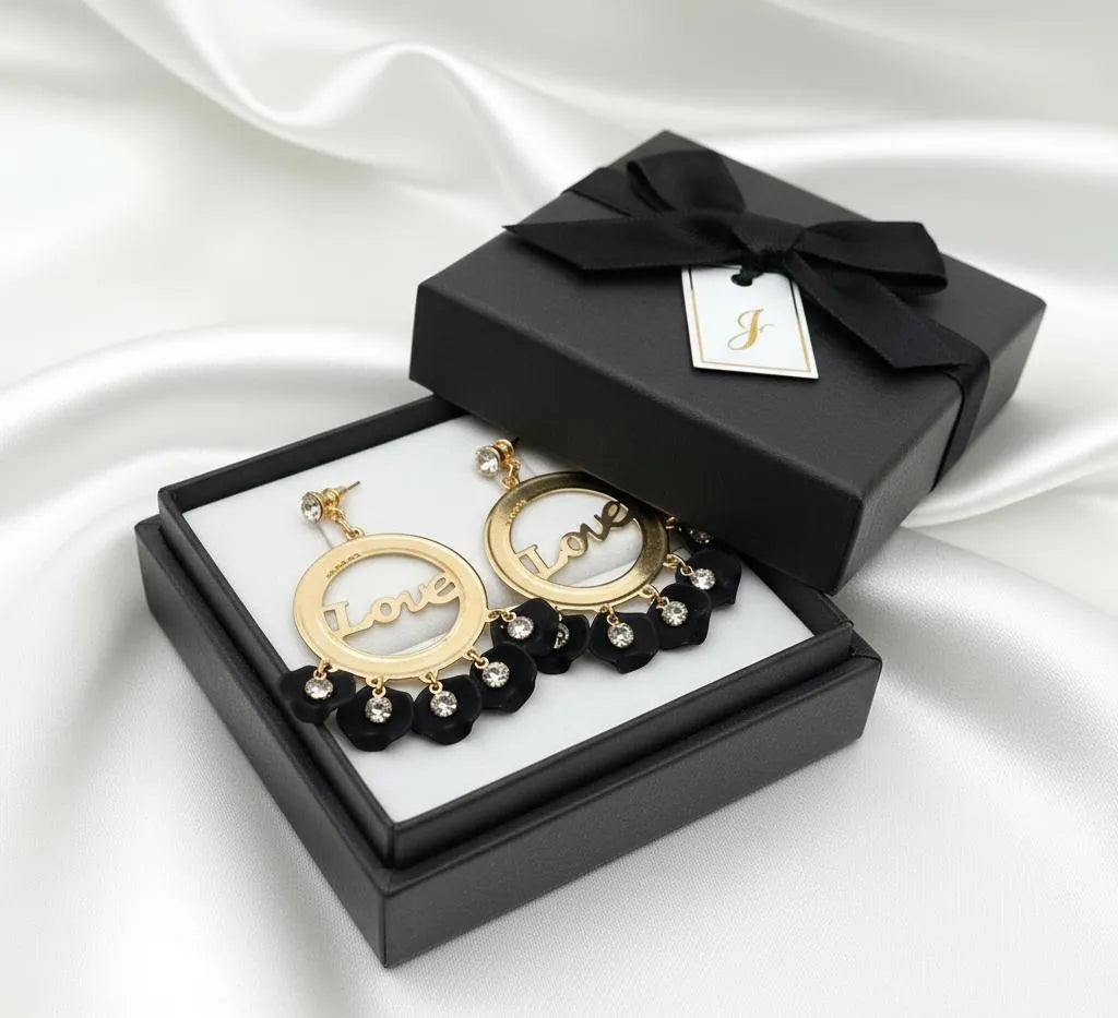Love Gold Earrings Black Crystal Floral Design