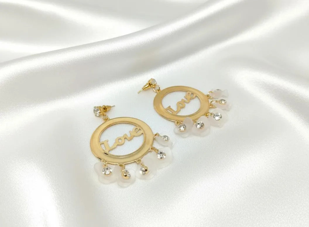 Love Gold Earrings Black Crystal Floral Design