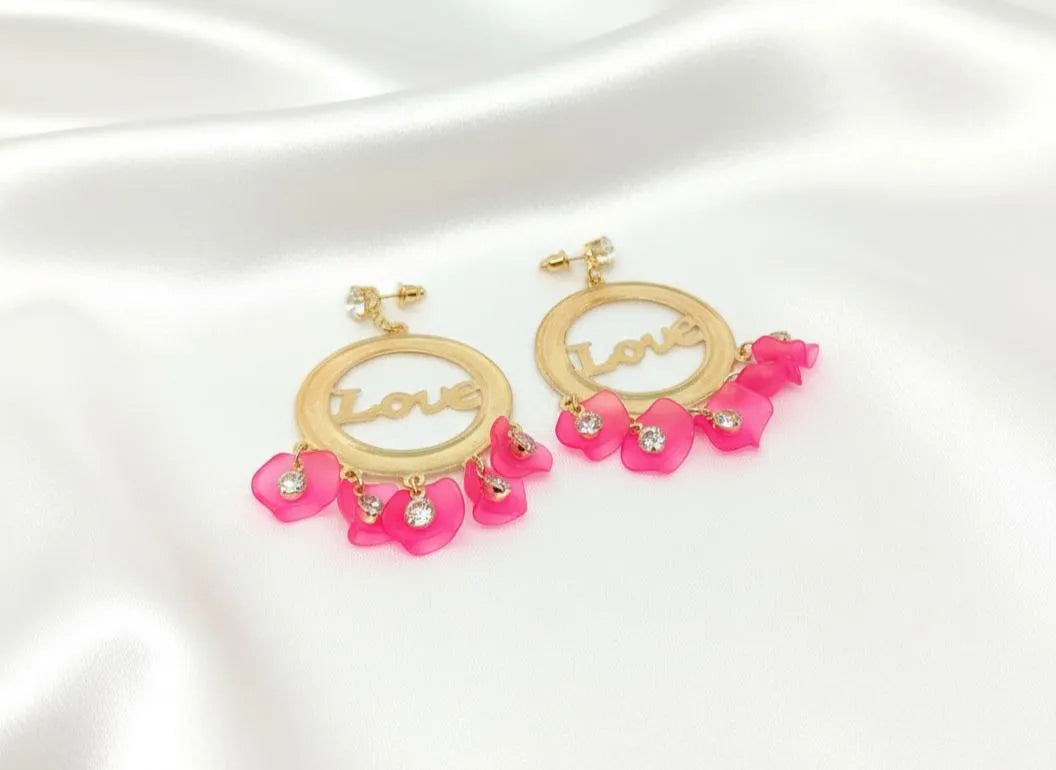 Love Gold Earrings Black Crystal Floral Design