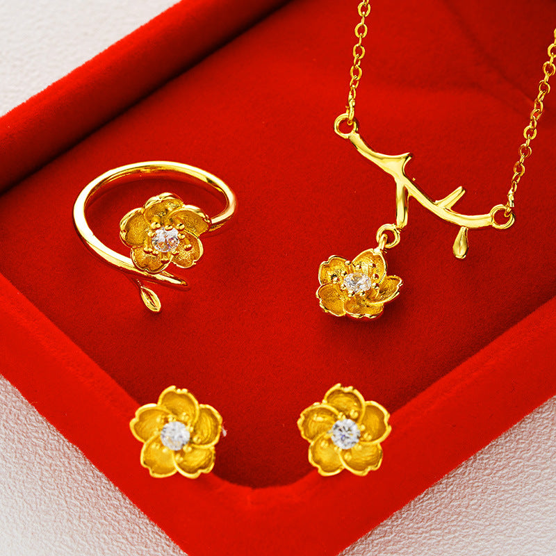 Women Gold-Plated Daisy Jewelry Set Necklace Ring Earrings