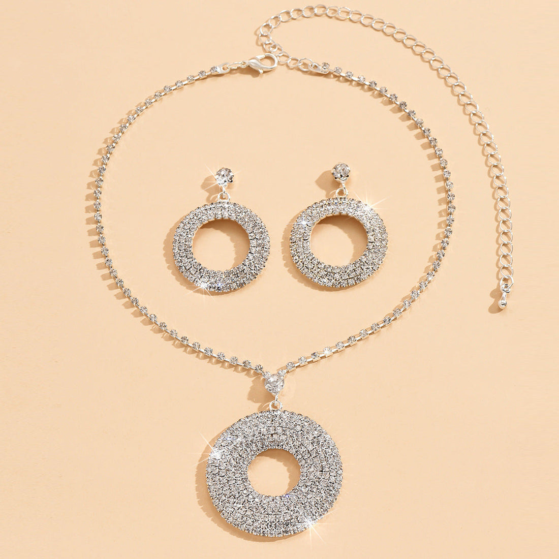 Silver Circle Pendant & Earrings Set with Diamonds