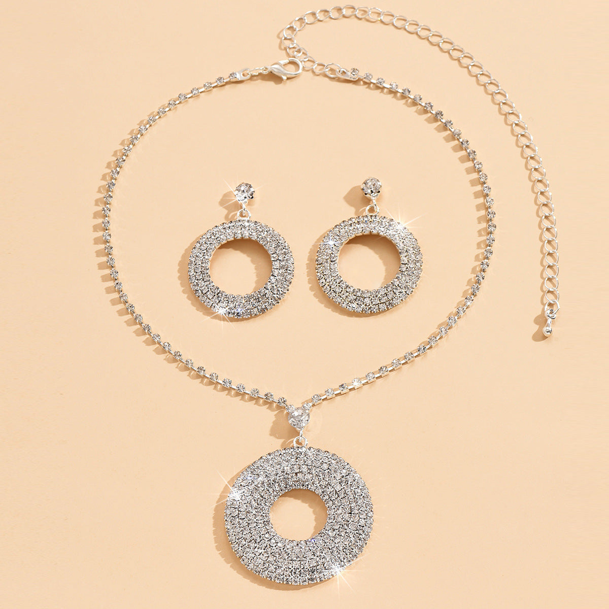 Silver Circle Pendant & Earrings Set with Diamonds