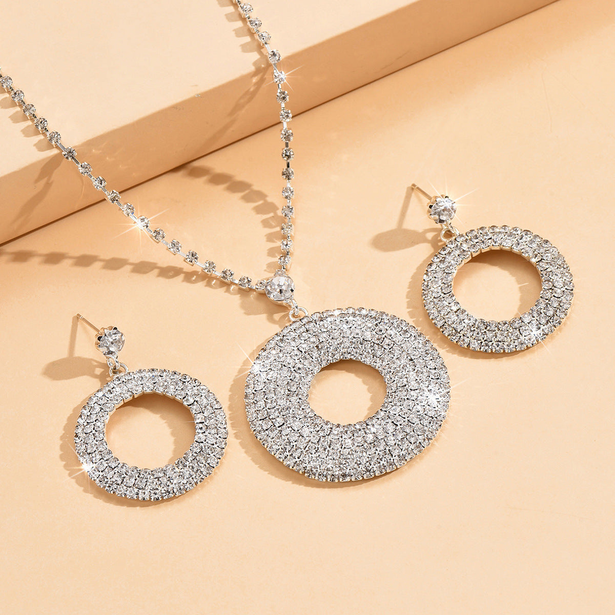 Silver Circle Pendant & Earrings Set with Diamonds